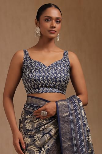Soch Womens Navy Blue Dola Silk Floral Print Saree