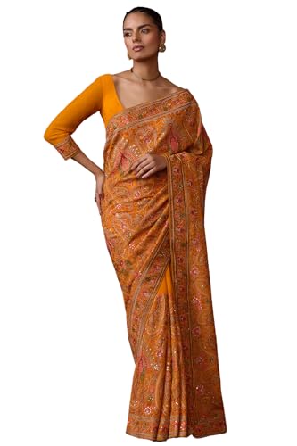 Soch Womens Mustard Georgette Embroidered Saree