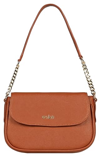 eske Adeline Vegan Leather Shoulder Bag for Women | Chain Strap with Shoulder Support | Magnetic Flap Closure | 1 Main Compartment with Zip & Slip Pockets | Stylish & Compact Handbag (Tan)