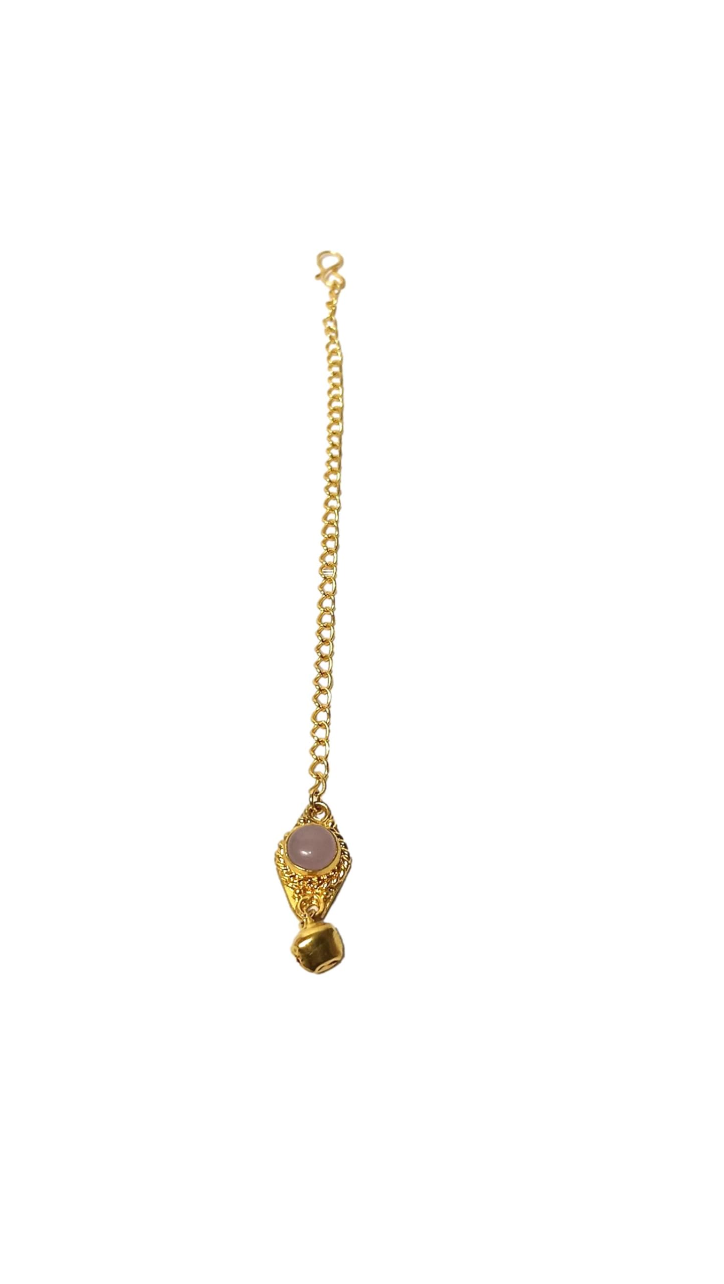 ATHZ Oxidized Silver Maang Tikka Tika Jewellery Small Size for young Ladies and Women (Gold, Light pink)