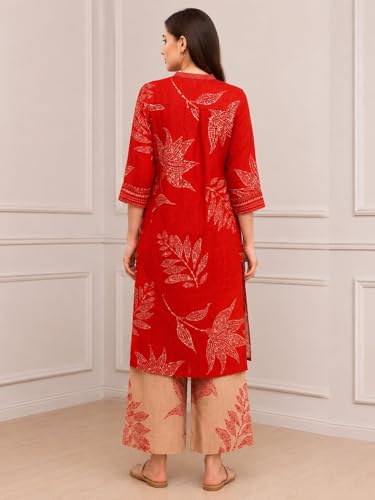 Biba Women Red Viscose Rayon Printed Straight Suit Set_32