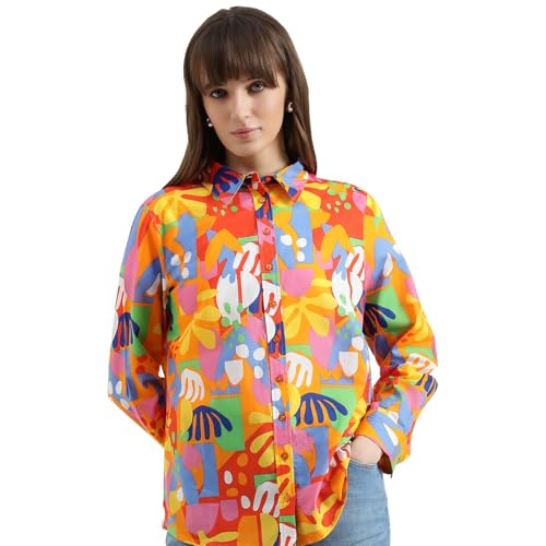 United Colors of Benetton Regular Fit Spread Collar Printed Shirt (Size : M) - 26P5OA95Q8U5G901 Orange
