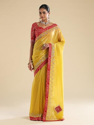 AKHILAM Women's Yellow Tissue Embellished Embellished Saree With Unstitched Blouse Piece (ANIKA3901_AG)