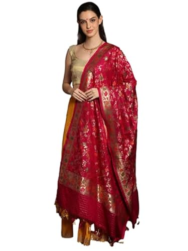 Exotic India Royal Banarasi Brocade Silk Dupatta with Striped Palla and Tassels - Art Silk - Color Fuscia Pink
