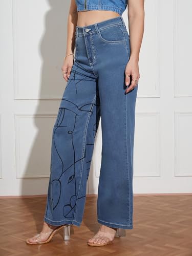Miss Chase Women's Wide Leg High Rise Hand Painted Stretchable Denim Jeans (MCSS18DEN02-19-391-32, Hazy Blue, 32)