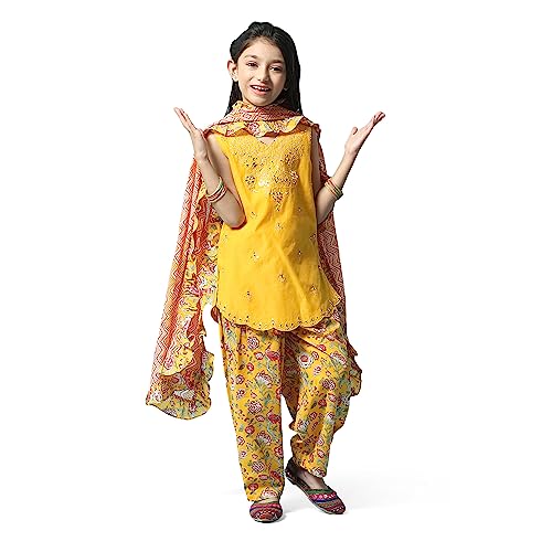 BIBA Girl Printed Polyester A_Line Kid(Kw5123_Yellow_9), Kurta Dhoti Suit Set