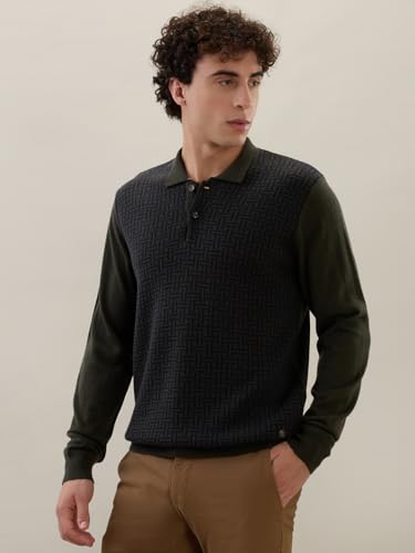 Raymond Men Contemporary Fit Structure Pattern Merino Wool Acrylic Blend Rib Collar Full Sleeve Casual Winter Wear Green