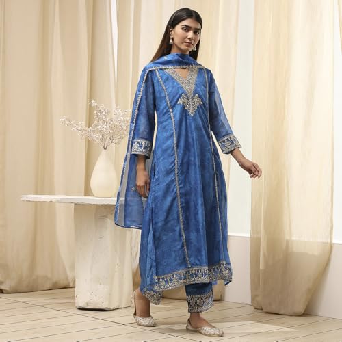 Biba Women's Polyester Kurta Set (SKDFST30509SS25BLU_Blue