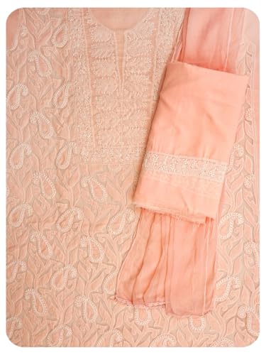Ada Hand Embroidered Lucknowi Chikankari Unstitched Cotton Dress Material Suit Piece with Dupatta for Women 01A821973 Peach