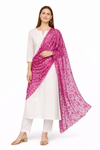 ZEN APPAREL Women's Embroidered Net Dupatta with Lace Borders (Z-101) Premium Net Fabric Golden Aari Work (Dark Pink)