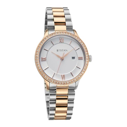 Titan Purple Prestige Quartz 3 Hands + Date Round White Dial, Rose Gold Stainless Steel Strap Watch for Women - 95247KM03