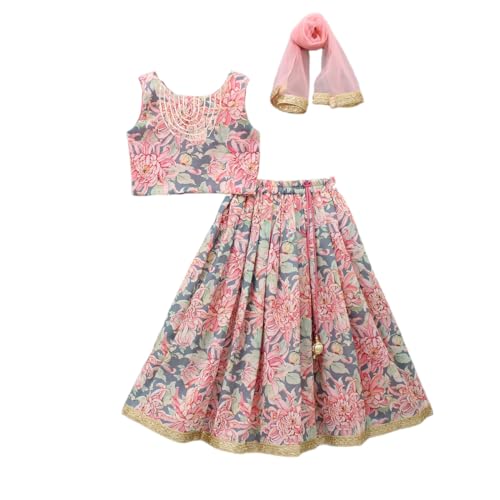 Leons Fab Girls Grey & Pink Floral Print Lehenga Choli Set | Kids Traditional Ethnic Wear | Sleeveless Ghagra Choli with Net Dupatta for Festival & Party (Multicolor, 3-4 Years)