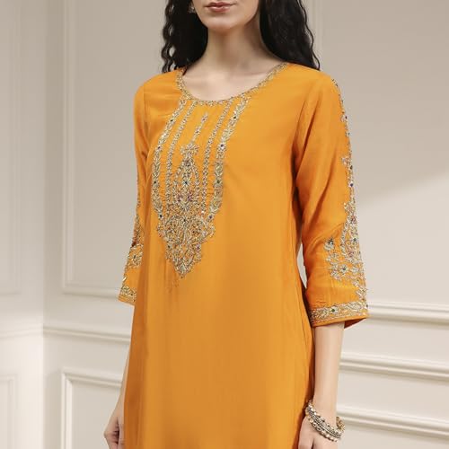 Biba Women Orange Blended Straight Solid Kurta Set_36