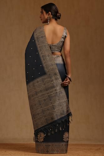 Soch Womens Blue Tussar Ethnic Motifs Hand Embroidered Saree
