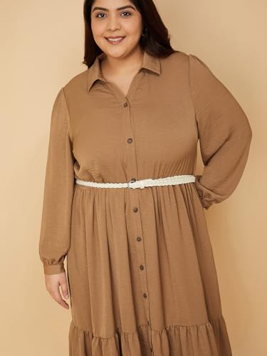 Max Women Textured A-line Tiered Shirt Dress with Belt (Beige_5XL)