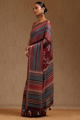 Soch Womens Maroon Crepe Striped Saree
