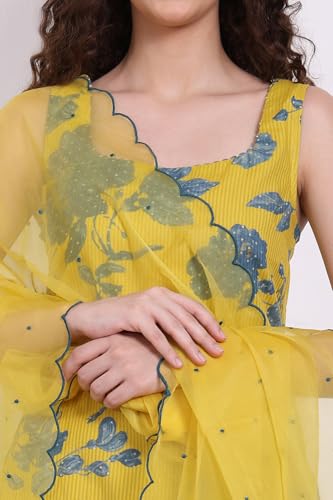 W for Woman Yellow Bold Floral Printed Pure Cotton Straight Kurta, Parallel Pants and Dupatta Set (Size: 2XL)-WS12904-125908