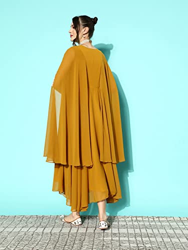LYMI LABEL Gown For Women - Georgette sequence Embroidered Floor length Exaggerated Sleeves Fit & Flared Gown (Mustard)