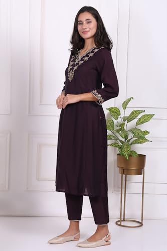 W for Woman Purple Embroidered Straight Kurta, Pants and Dupatta Set - (WS13238-224189-S)