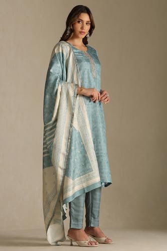 Soch Womens Turquoise Blue Silk Blend Solid Suit Set With Zardozi