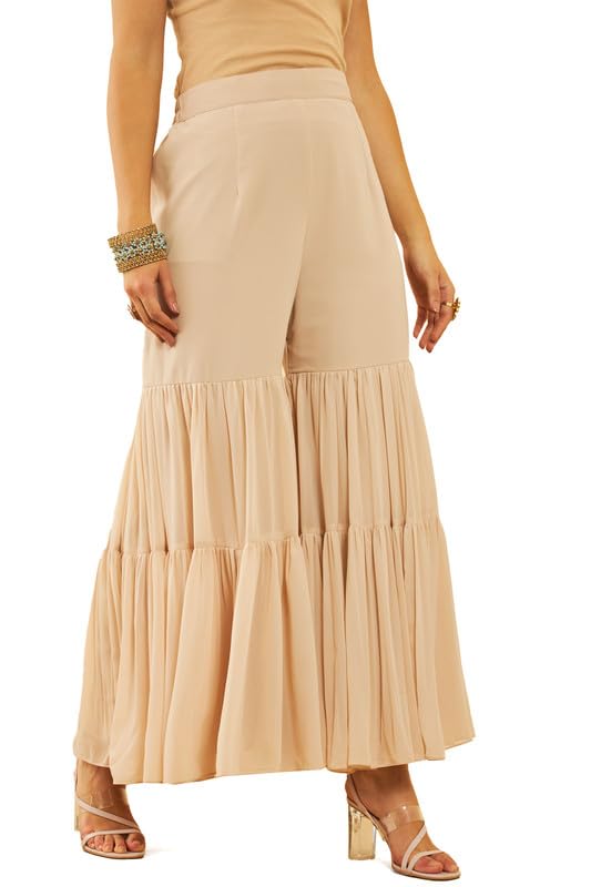 Soch Womens Beige Georgette Sequinned Embellished Suit Set with Tie-Ups