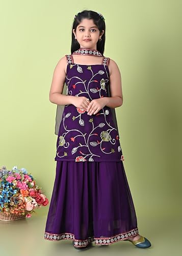 SPAMitude - Georgette Embroidery Sequin Kurta, Skirt and Dupatta Set for Girls – Ethnic Party Dress I Birthday Trendy Classic Outfit I Square Neck Sleeveless (PURPLE, 12-13 YEARS)