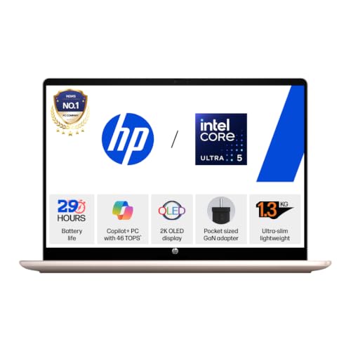 HP OmniBook 5 OLED ● Intel Core Ultra 5 322 ● 45 TOPS● (16GB LPDDR5x,512GB SSD) ●2K 14''/35.6cm ● Win11 ● Office24 ● Sahara Silver●1.3kg ●hh0099TU ●mini GaN Charger● Upto 29hrs battery life ●AI Laptop