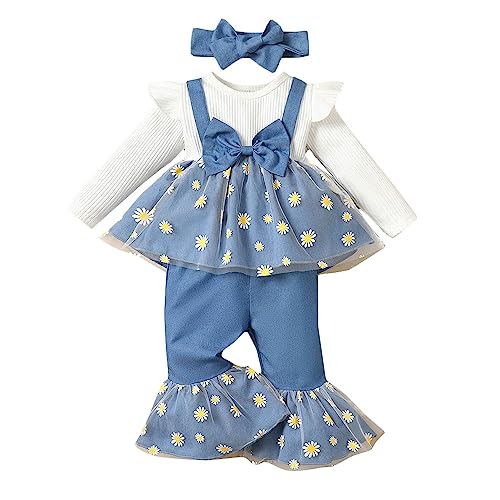Hopscotch Polyester Girls Floral Print Top Pant Set With Headband In Blue Color For Ages 12-24 Months