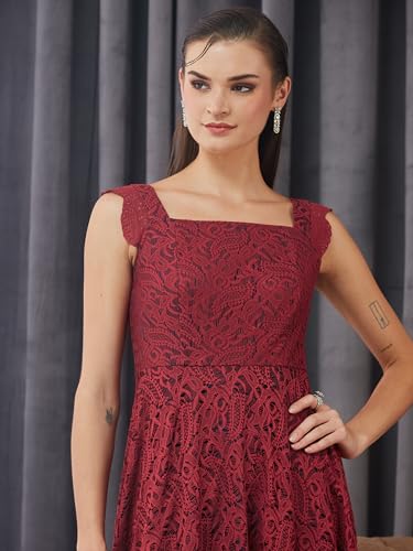 Miss Chase Womens Square Neck Sleeveless Self-Designed Ruffled Midi Lace Dress (MCAW25D86-11-143-02, Maroon, XS)