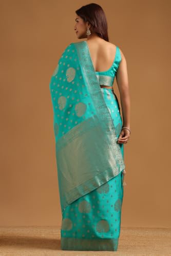 Soch Womens Turquoise Blue Satin Ethnic Motifs Zari Woven Saree
