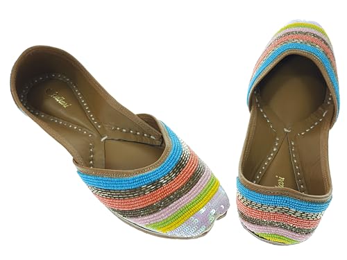 Fulkari Women's Salvia Gold Multicolor Soft Leather Embroidered Jutis | Bite and Pinch Free Jutti | Punjabi Formal Juttis | Girl's Wedding Flat Ladies Mojari | Formal Ethnic Juti | 41