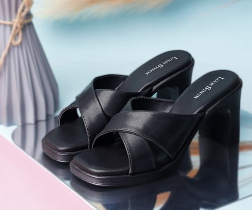 LOUIS STITCH Women's Black Stylish Cross Strap Block Heel Sandals for Women (LD06-BHCSJB105)