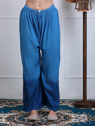 Fashion Chikan Art Women's Lucknowi Chikankari Hand-Embroidered Rayon Dyed Kurta, Palazzo & Dupatta 3-Piece Set | Festive, Ethnic & Causal Suit(2XL, Blue)