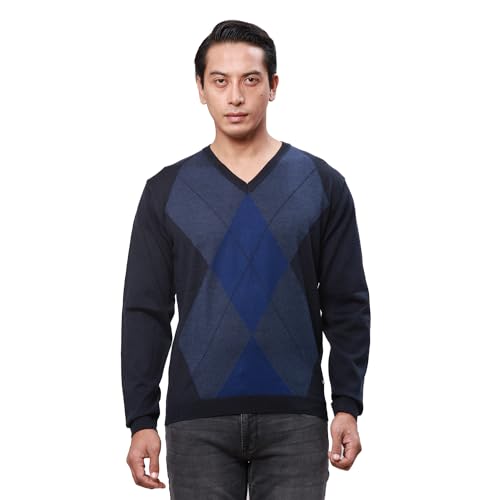 Park Avenue Men's Regular Fit Acrylic Wool Blend Full Sleeve V Neck Argyle Pattern Dark Blue Casual Sweater (Size: S)-PCWA00266-B8
