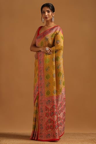 Soch Womens Mustard Georgette Bird Motifs Saree With Zari Woven