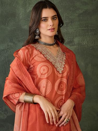 VARNI FABRIC Rayon Kurta Set for Women | Full Sleeves Embroidered Straight Kurta Set | Woman Salwar Suit with Pant & Dupatta | Festive Wedding Ethnic Wear | Prefect for Office Summer | Orange | M