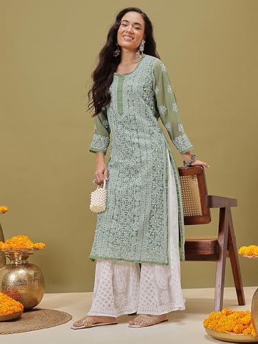 Ada Lucknowi Hand Embroidery Chikankari Georgette Kurta Kurti with Slip for Women A411217 Green (M)
