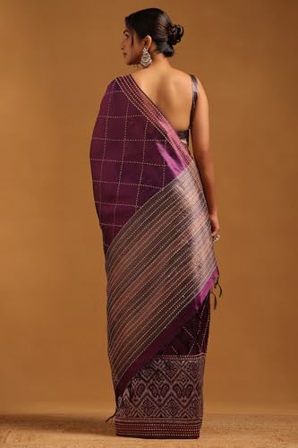 Soch Womens Magenta Tussar Geometric Saree With Kantha Embroidery