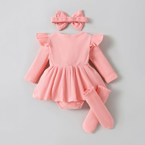 Hopscotch Girls Flutter Sleeve Bow Embroidered Onesie in Pink Color For Age (0-3 Months)