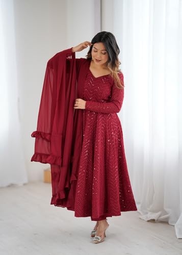 Leeli Peeri Designer Women's Georgette Lucknowi Sequence Work Anarkali Kurta Set With Dupatta.
