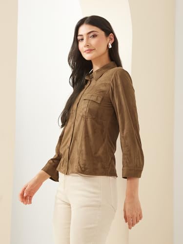 Latin Quarters Women Brown Collared Full Sleeves Solid Casual Shirt_XXL