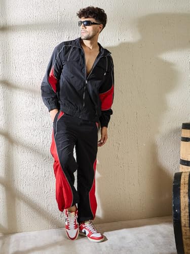 FUGAZEE Black & Red Crinkle Windbreaker Jacket for Men | Reflective Piping | Turtle Neck | Zipped Closure | Lightweight Polyester | Stylish Cut & Sew Design - XXL