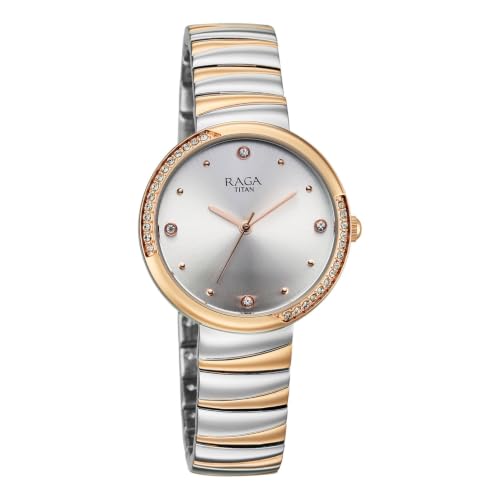 Titan Raga Spotlight 2.0 Quartz Analog 3Hands Display Silver Dial IPRG+Steel Look Color Strap Watch for Women - 95427KM01