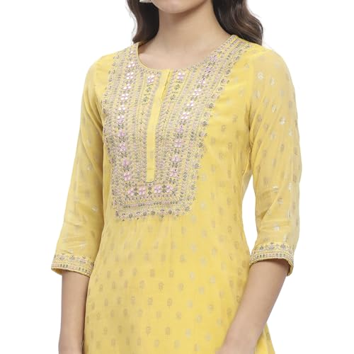 BIBA Women's Yellow Polyester Straight Kurta Sets_42