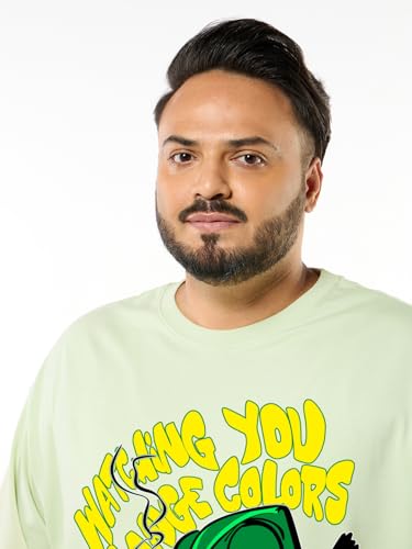 Bewakoof Men's Graphic Print Oversized Fit Half Sleeve Round Neck Cotton Plus Size T-Shirt_694232_Green_5XL