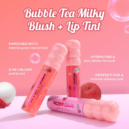 Revolution Bubble Tea Milky Blush + Lip Tint - Oolong Nude | Lip and Cheek Tint For Women With Green Tea Extract | Long Lasting Glossy Lips | Hydrating & Non Sticky Lip Tint