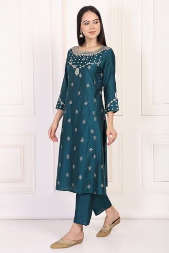 W for Woman Turquoise Embroidered Zari Sequined Straight Silk Blend Kurta with Straight Pant and Dupatta Set (WS13398-126896-M)
