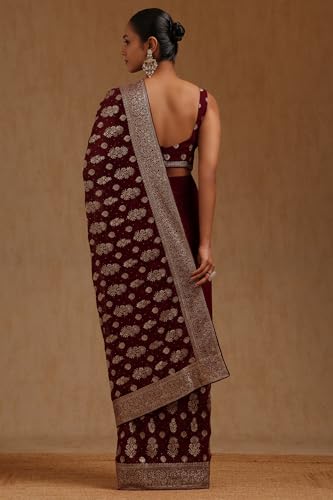 Soch Womens Wine Georgette Embroidered Saree With Stone Work