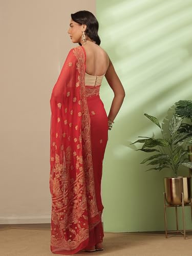 Ada Hand Embroidered Lucknowi Chikankari Georgette with Unstitched Blouse Piece for Women A311193 Red