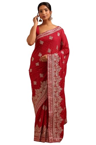 Soch Womens Fuchsia Fendy Georgette Ethnic Motifs Saree With Zari Embroidery and stone work